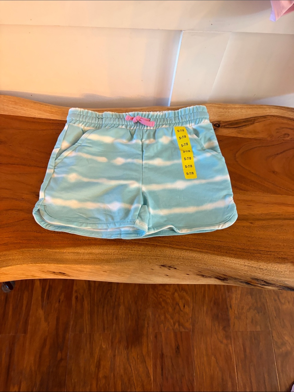 Girls' Light Blue & White Tie-Dye Knit Shorts with Pink Bow Accent